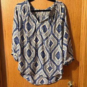 Blue and White Printed Peasant Blouse - Unbranded